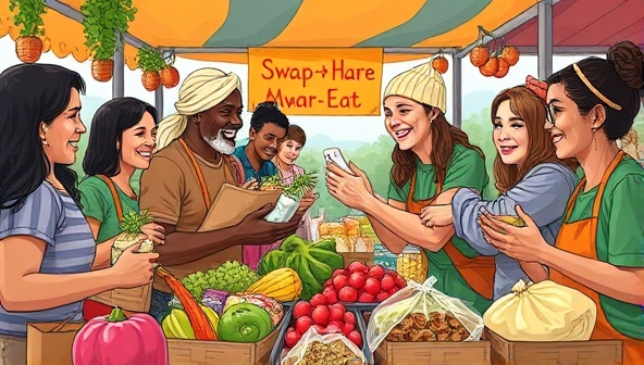 An engaging and colorful illustration of diverse food items being exchanged between smiling community members within a vibrant marketplace setting, conveying the spirit of sharing, connection, and culinary diversity facilitated by Swap-n-Share Eats.