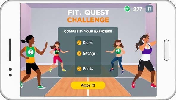 An engaging visual of users competing in a virtual fitness challenge within the FitQuest Challenge app, featuring animated avatars completing exercises, earning points, and celebrating achievements, creating a competitive and dynamic workout environment.