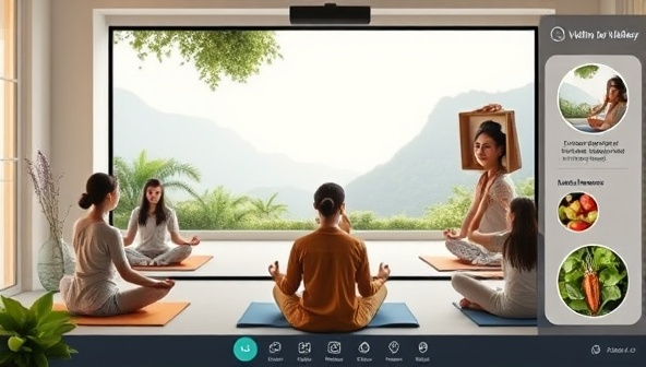 An online platform interface showcasing a virtual wellness workshop with participants engaged in yoga poses, meditation exercises, and nutritional discussions, surrounded by calming nature imagery and wellness resources, creating a serene and inclusive digital wellness space.