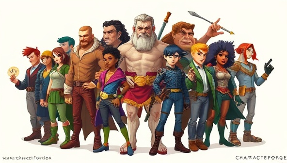 A captivating illustration of a diverse group of fictional characters created by the CharacterForge Studio, showcasing a range of personalities, styles, and backgrounds, symbolizing the creativity and depth of character design services offered to clients in various storytelling mediums.