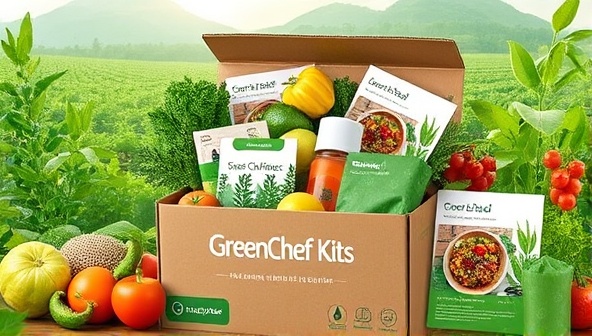 An artistic representation of a GreenChef Kits delivery box filled with vibrant, fresh produce, eco-friendly packaging materials, and recipe cards featuring plant-based dishes, set against a backdrop of lush greenery and sustainable farming imagery, conveying a harmonious blend of nature and culinary innovation.