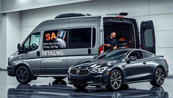 A sleek and professional mobile detailing van parked in front of a luxurious car, with detailing equipment neatly organized and a team member working on the vehicle, showcasing convenience and expertise.