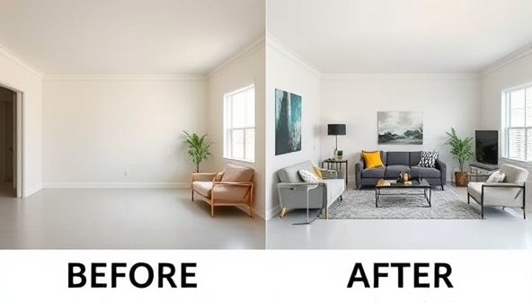 A split-screen image showcasing a room before and after virtual staging, with the 'before' side empty and dull, while the 'after' side is digitally furnished with modern furniture, creating an inviting and stylish living space.