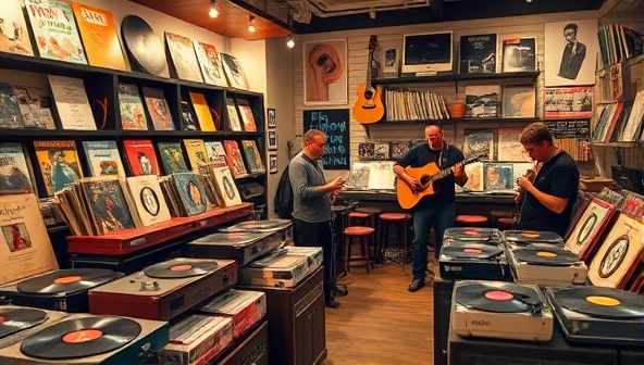 A cozy music lounge setting with vintage record players, shelves filled with vinyl records, customers browsing through albums, and a musician performing live music, creating a retro and nostalgic atmosphere that celebrates the beauty of analog music.