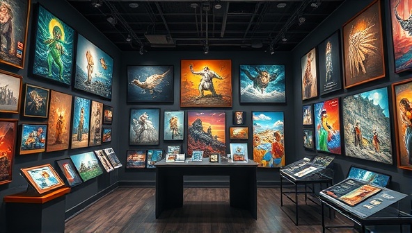 An immersive digital art gallery within the NFTSwap Market platform, featuring a diverse collection of NFT artworks, interactive displays, and virtual auctions, capturing the vibrant and creative essence of the NFT trading marketplace.