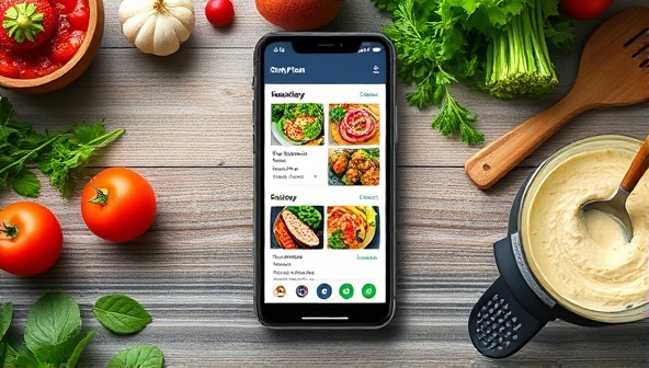 A sleek mobile app interface showing personalized meal plans with vibrant and diverse dishes tailored to different dietary preferences, surrounded by fresh ingredients and kitchen utensils, evoking a sense of health and convenience.