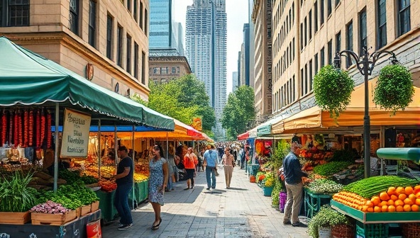 A bustling city street transformed into a vibrant market scene with colorful tents and stands showcasing an array of fresh produce, herbs, and flowers, surrounded by enthusiastic shoppers exploring the farm-fresh offerings, with city skyscrapers in the background, blending urban and agricultural landscapes.