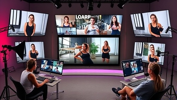 A dynamic image of FitFlix Studios' virtual content creation setup, featuring multiple screens displaying workout videos, podcast recordings, and live streaming sessions, with fitness professionals and influencers collaborating in a modern and creative studio environment, showcasing innovation and diversity in fitness content creation.