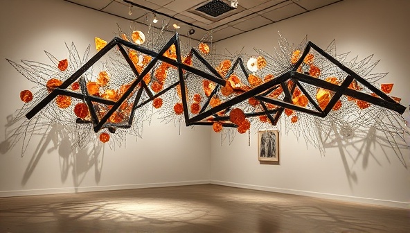 An elegant and intricate art installation made from recycled metal pieces, illuminated by soft lighting in a gallery setting, showcasing the beauty and creativity of repurposed materials in modern art.