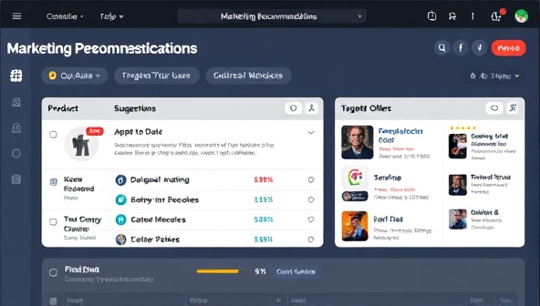 An interactive marketing recommendations dashboard displaying personalized product suggestions, targeted offers, and customized content recommendations based on user preferences and behavior, illustrating the platform's AI-driven personalization capabilities and user engagement focus.