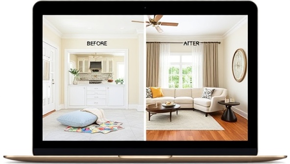 A laptop displaying a beautifully designed virtual room with before-and-after photos, swatches of fabric, and stylish decor elements, illustrating the transformative power of virtual interior design consultations.
