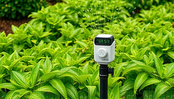 A lush green garden being watered by a smart irrigation system with sensors adjusting the water flow based on weather conditions, showcasing the convenience and efficiency of automated watering technology for sustainable landscaping.