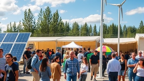 A vibrant outdoor pop-up event setup with solar panels, wind turbines, and eco-friendly displays, attracting a diverse crowd of attendees eager to learn about renewable energy options, creating a buzz around sustainable living.