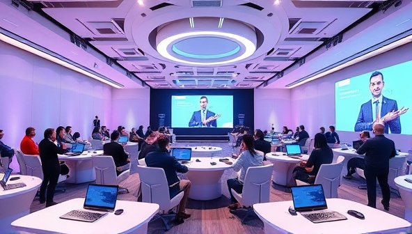 An immersive virtual event setup with digital avatars interacting within a virtual conference hall, showcasing the features and interactivity of the VirtuEvent Hub platform for hosting virtual events.