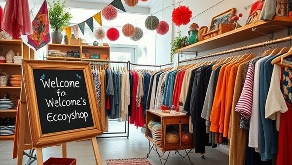 A vibrant and stylish pop-up shop adorned with upcycled decorations, racks of trendy second-hand clothing, and a chalkboard sign welcoming eco-conscious shoppers, creating a hip and sustainable shopping experience.