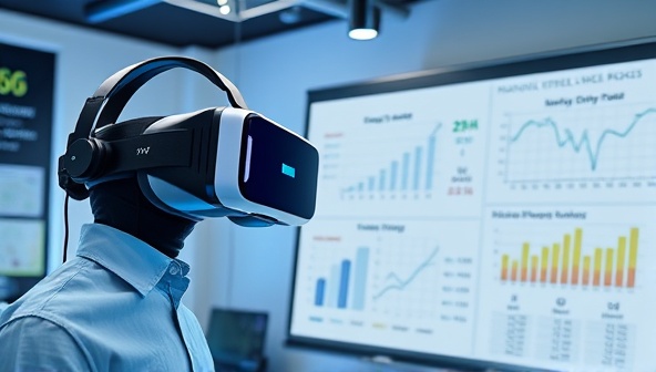 An innovative and tech-savvy workspace with a virtual reality headset symbolizing futuristic financial strategies, alongside a whiteboard filled with financial projections and growth charts, creating a dynamic and visionary environment for virtual CFO services.