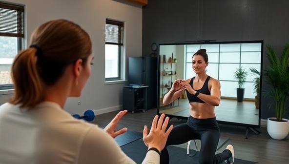 A dynamic and interactive virtual fitness coaching session with a coach guiding a client through exercises via a live video stream, showcasing engagement, motivation, and convenience.