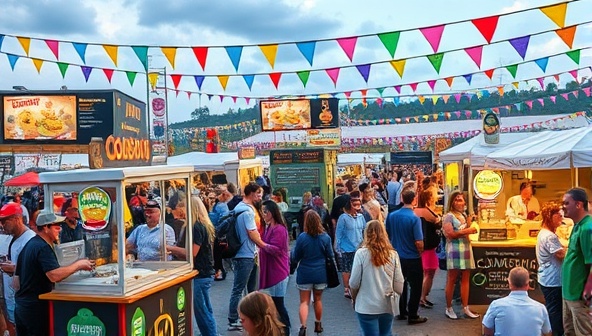 A dynamic virtual food truck festival environment with colorful food truck graphics, bustling crowds, live cooking demonstrations, and interactive booths showcasing a vibrant and exciting online culinary experience for attendees.