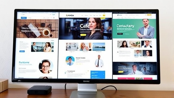 An array of diverse website templates displayed on a computer screen, each showcasing a different business type such as a cafe, a consultancy firm, and an online store, representing the versatility of the customizable designs.