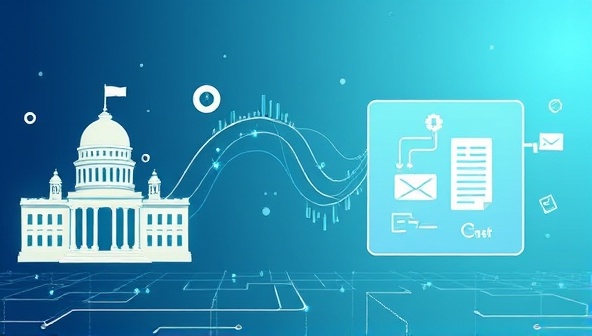 An animated infographic showing data flowing from government agencies to a transparent digital platform, symbolizing openness and accessibility.