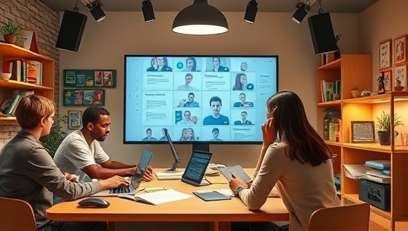 An artistic representation of a virtual writing workshop studio with interactive tools, diverse participants engaging in a creative session, and an experienced instructor guiding the group through a hands-on writing exercise, capturing the essence of personalized learning and collaboration in a digital environment.