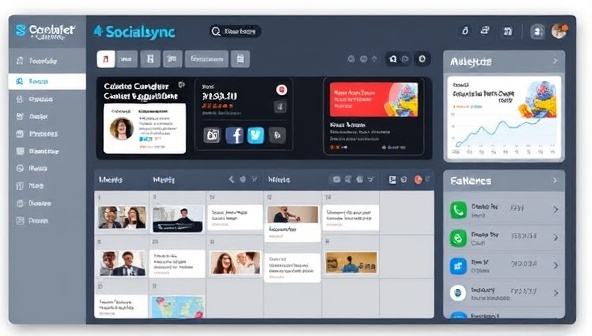 An interactive dashboard showcasing a social media content calendar with AI-generated content suggestions, analytics widgets, and a scheduling interface, illustrating the seamless and efficient social media management experience facilitated by SocialSync.