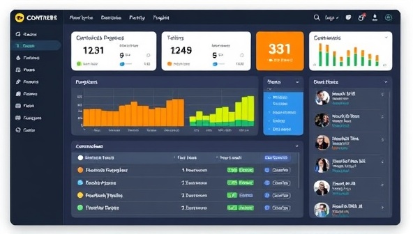 An interactive dashboard view of the online construction project management platform, displaying real-time project progress charts, task assignments, and communication threads between team members, illustrating a seamless and efficient project management experience.