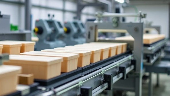 A production line in action, manufacturing bio-degradable packaging materials with efficiency and precision, emphasizing the sustainable and eco-friendly approach of BioPack Innovations in the packaging industry.