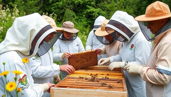 An image of a group of diverse tour participants wearing beekeeping suits and veils, inspecting honeycombs inside a buzzing hive, surrounded by blooming wildflowers and lush greenery, capturing the essence of hands-on beekeeping exploration.