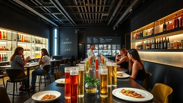 An atmospheric shot of the FlavorAlchemy Lab tasting room featuring a sleek and modern dining space with experimental dishes, test tubes of flavor extracts, and patrons engaging in a multisensory culinary experience, evoking an avant-garde and immersive dining ambiance.