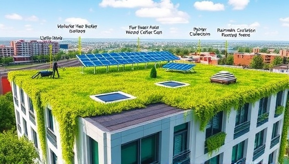 An artistic representation of a green roof installation on a modern building, featuring lush vegetation, solar panels, and rainwater collection systems, illustrating the ecological benefits and aesthetic appeal of EcoRoof Innovations' sustainable roofing solutions.