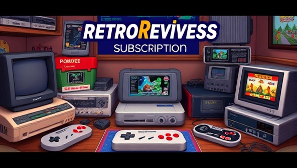 A retro gaming setup with a collection of vintage consoles, cartridges, and controllers, showcasing a nostalgic gaming environment with pixelated graphics and retro aesthetics, evoking the essence of RetroRevive's subscription service.