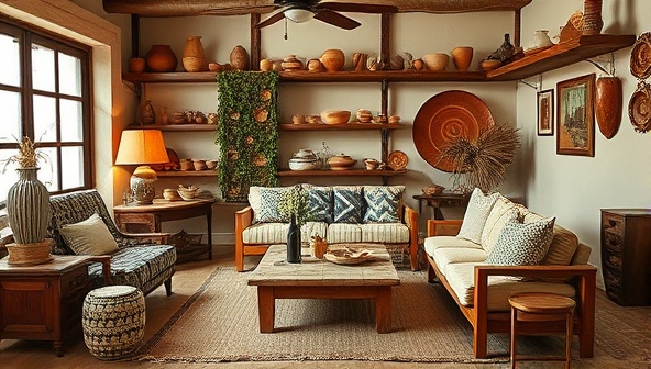 An artistic and cozy living room setting adorned with handcrafted pottery, woven textiles, and wooden furniture, exuding a warm and inviting atmosphere that reflects the essence of Crafted Abode.
