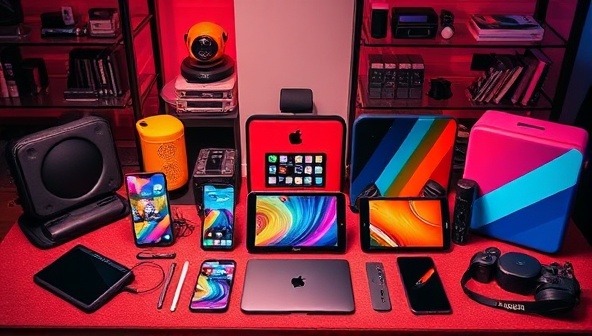 A vibrant display of personalized tech accessories arranged in a stylish setting, showcasing the array of customization options available at TechTrend Customizer and the fusion of technology and personalization in modern accessories.