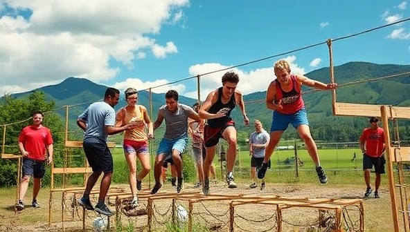 An exhilarating image of participants conquering a challenging obstacle course in a scenic outdoor setting, showcasing teamwork, determination, and physical fitness, capturing the essence of adventure fitness challenges and personal achievement.