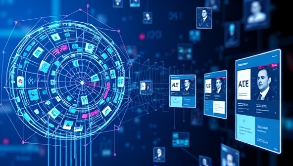 An abstract representation of AI algorithms analyzing data streams and generating personalized ad content, with digital screens displaying dynamic ad variations and consumer profiles, illustrating the AI-driven customization process in action.