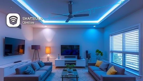 An elegant living room setting with smart home devices like voice-controlled lighting, automated blinds, and a climate control system, showcasing the convenience and modernity of SmartBuild Solutions' automation installations.