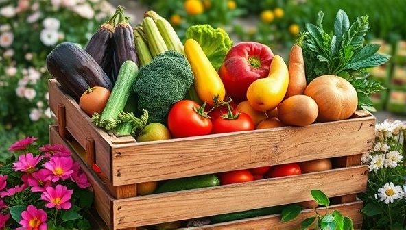 An inviting image of a rustic wooden crate overflowing with colorful, fresh produce, surrounded by blooming flowers and greenery, evoking a sense of farm-fresh goodness and sustainability.