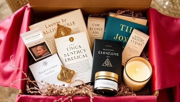 An elegantly designed subscription box overflowing with books, bookmarks, literary-themed candles, and a handwritten note from a favorite author, creating a cozy and immersive reading experience for subscribers.