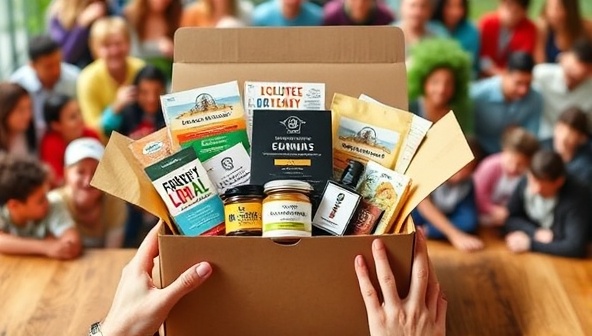 An enticing subscription box filled with a variety of local products, artisanal treats, event tickets, and exclusive discounts, surrounded by a vibrant community backdrop, symbolizing unity and support for local businesses.
