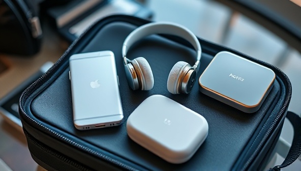 An eye-catching image of a collection of sleek travel tech gadgets displayed on a modern tech travel kit, including a portable charger, noise-canceling headphones, and a compact travel router, conveying the convenience and sophistication of tech gadgets for modern travelers.