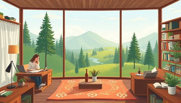 An immersive digital illustration of a serene virtual writing retreat setting with cozy writing nooks, inspiring nature views, and virtual chatrooms for participants to connect and collaborate, capturing the essence of the online writing retreat experience.