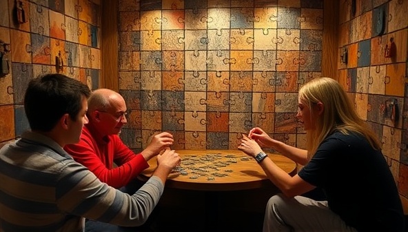 A group of participants solving a complex puzzle in an immersive escape room setting, with clues, locks, and interactive elements, showcasing the engaging and challenging nature of MindMaze Retreats' personal development workshops.