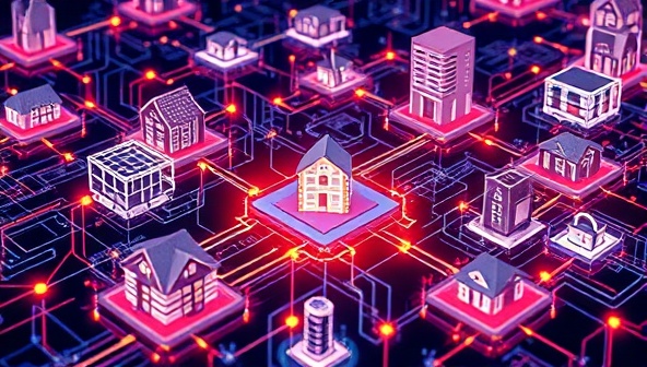 An intricate digital visualization of interconnected blockchain blocks representing real estate properties, smart contracts, and secure transactions, symbolizing the transparency and efficiency of the blockchain-based investment platform.