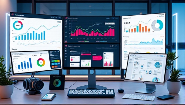A virtual consultancy setting featuring digital analytics dashboards, fitness tech prototypes, industry reports, and collaborative tools, illustrating a dynamic and innovative environment for FitTech Consult to provide cutting-edge insights and solutions to fitness tech innovators and entrepreneurs.