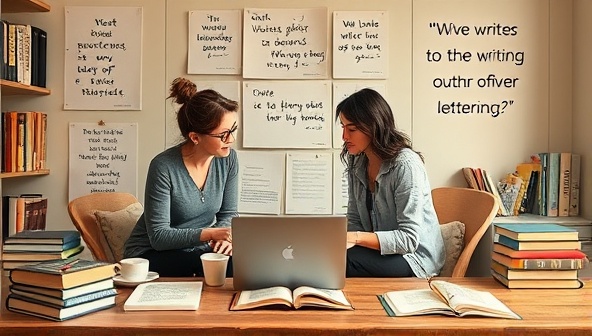 An inspiring visual representation of a virtual mentorship session on the WriteWise Mentor platform, featuring a mentor and mentee engaged in a constructive discussion over a digital manuscript, surrounded by writing resources, books, and inspirational quotes, highlighting the collaborative and supportive nature of the mentorship experience for aspiring writers.