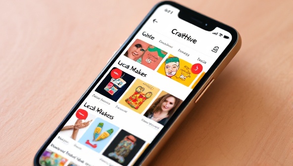 A vibrant mobile screen displaying the CraftHive Market app interface with colorful artisan products, local maker profiles, and a user-friendly layout, evoking a sense of community and creativity.