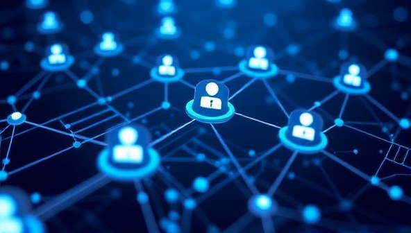 An innovative graphic depicting a digital blockchain network with secure nodes verifying identities in real-time, illustrating trust and security in insurance claims processing.