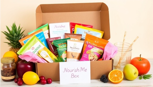 An inviting image of a beautifully arranged nutrition subscription box filled with colorful snacks, wellness products, and a personalized note, surrounded by fresh fruits and a glass of water, conveying the freshness and health benefits of the NourishMe Box service.