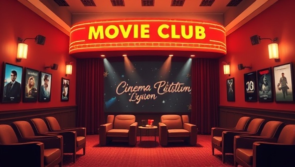 An online movie club platform showcasing a virtual cinema hall with a marquee displaying current films, cozy seating arrangements, and film posters adorning the walls, creating a nostalgic and cinematic ambiance for subscribers to enjoy a curated movie-watching experience from home.